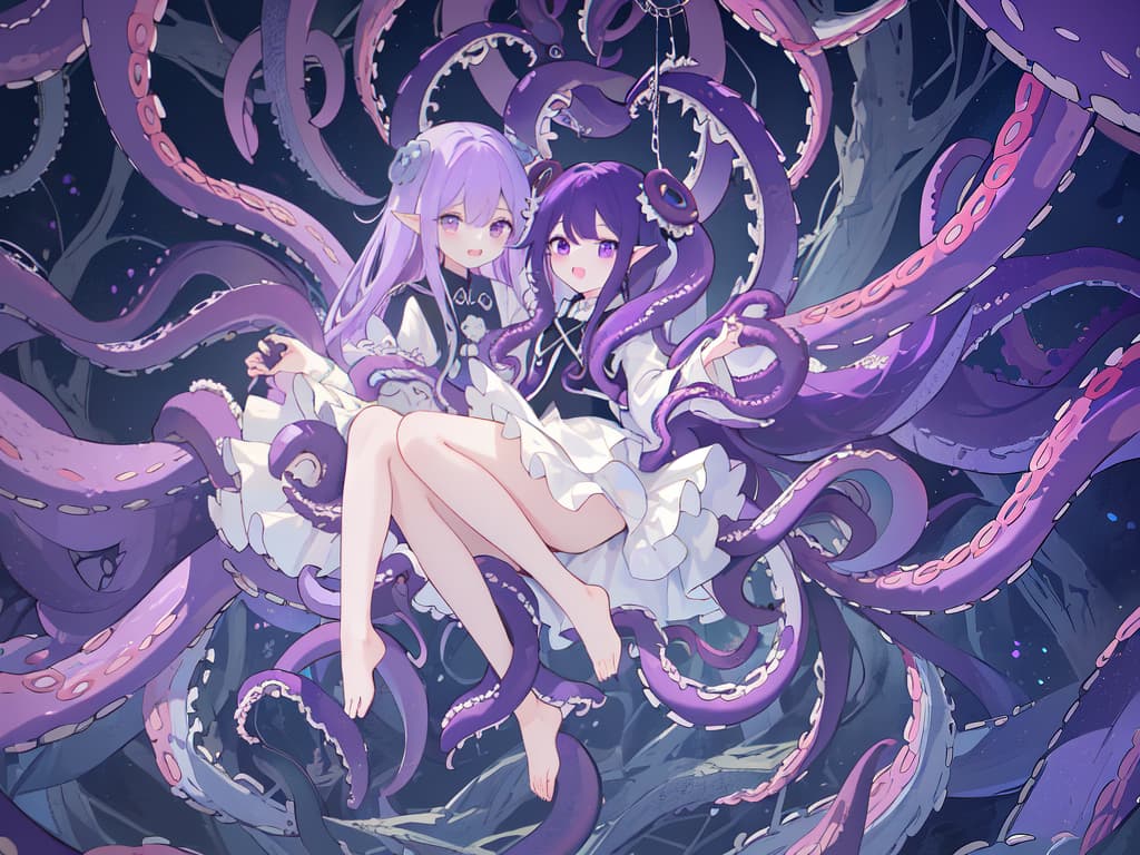  ((full body)),Open mouth,(best quality:1.4、masterpiece:1.4)、((limbs entangled in tentacles))、half eyes、purple hair、ジト目, masterpiece, best quality,8k,ultra detailed,high resolution,an extremely delicate and beautiful,hyper detail