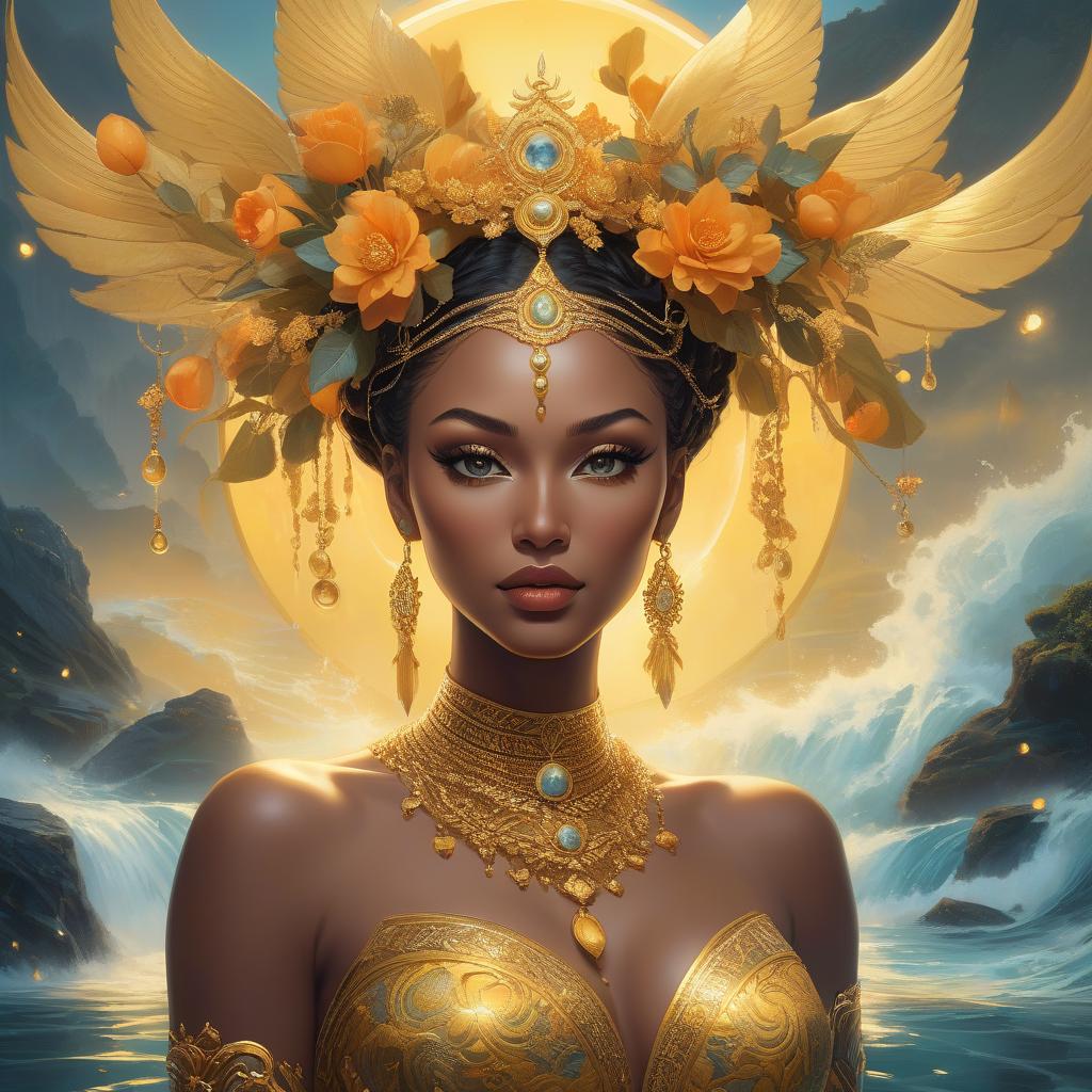  hyperrealistic art A fantasy portrait of a woman adorned with golden floral ornaments, surrounded by a mystical, luminous landscape with water elements. An insanely hyperdetailed whimsical fantasical painting of the Goddess Oshun, the Yoruba goddess of love, fertility, and rivers. She is typically depicted as a beautiful woman adorned with gold and surrounded by flowing water. Genres: Fantasy, Mythology. Styles: Whimsical, Surreal. Techniques: Hyperrealism, Digital Painting. Lights: Warm and Radiant. Colors: Golden yellows, bright oranges, warm browns, and deep blues. Descriptive terms: Lush, Opulent, Serene, Mystical, and Nurturing. This masterpiece digital artwork would be best painted by artists such as Tara McPherson, Audrey Kawasaki, N hyperrealistic, full body, detailed clothing, highly detailed, cinematic lighting, stunningly beautiful, intricate, sharp focus, f/1. 8, 85mm, (centered image composition), (professionally color graded), ((bright soft diffused light)), volumetric fog, trending on instagram, trending on tumblr, HDR 4K, 8K