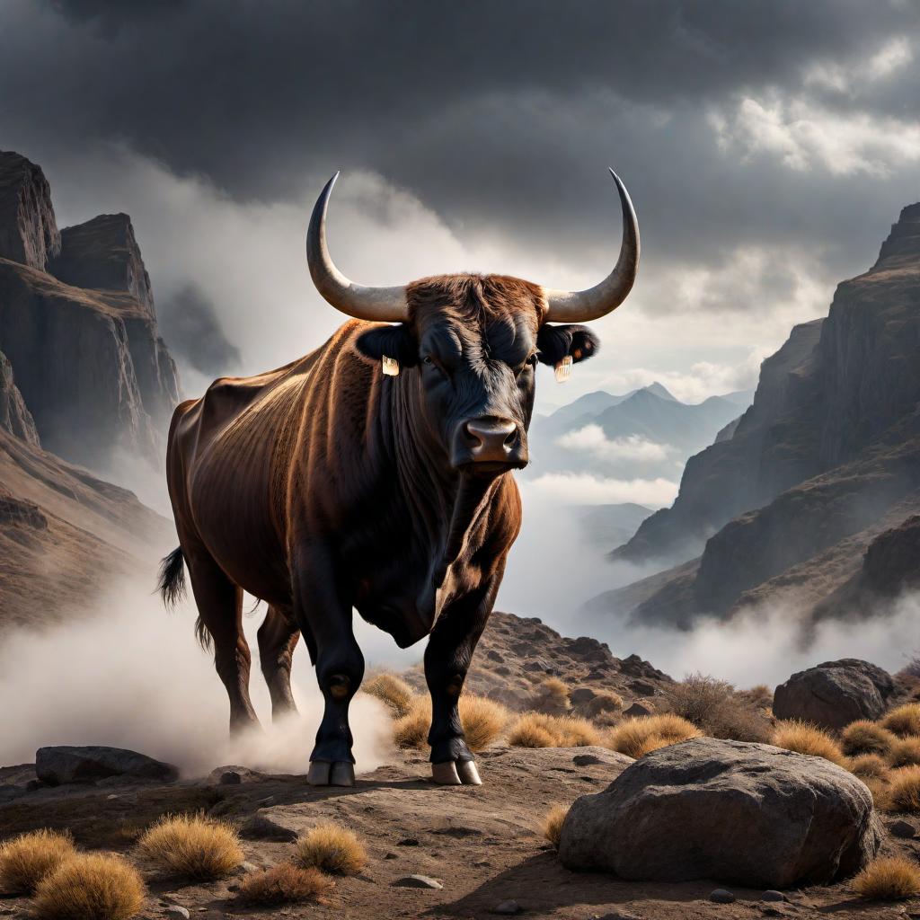  An image of a powerful bull, strong, stubborn, and depicted as a leader. The bull has an imposing presence, with sharp horns and a muscular build. The background is detailed with elements symbolizing leadership and strength, such as a rocky terrain and a stormy sky that enhances the dramatic effect. hyperrealistic, full body, detailed clothing, highly detailed, cinematic lighting, stunningly beautiful, intricate, sharp focus, f/1. 8, 85mm, (centered image composition), (professionally color graded), ((bright soft diffused light)), volumetric fog, trending on instagram, trending on tumblr, HDR 4K, 8K