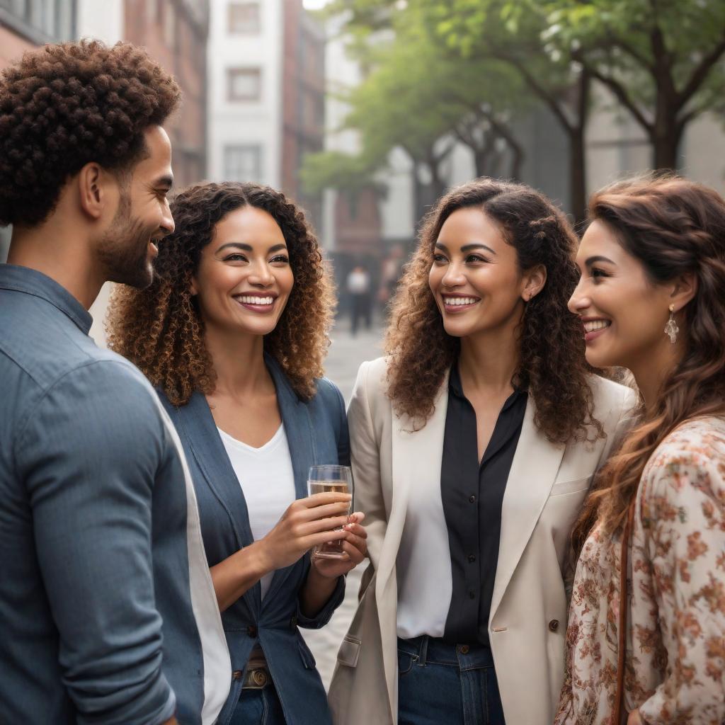  A photograph of four mixed-race people chatting together. The first person is a Chinese mixed-race woman with short brown hair. The second person is a young African and Middle Eastern white man with curly hair. The third person is a Japanese and Latino woman with curly white hair. The fourth person is an Indigenous and European man with wavy blond hair tied back. They are standing together in a casual setting, smiling and enjoying their conversation. hyperrealistic, full body, detailed clothing, highly detailed, cinematic lighting, stunningly beautiful, intricate, sharp focus, f/1. 8, 85mm, (centered image composition), (professionally color graded), ((bright soft diffused light)), volumetric fog, trending on instagram, trending on tumblr, HDR 4K, 8K