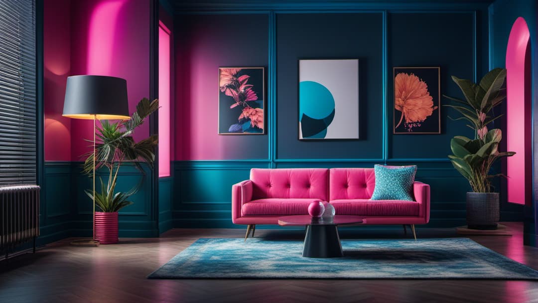  Create an image of an 80s retro inspired living space with a vibrant neon color palette. Include bold, geometric patterns, neon accents, and a centerpiece neon pink couch against electric blue walls. Illuminate the room with a neon light fixture for a colorful ambiance. Add vintage posters and a record player to enhance the nostalgic feel of the retro interior design. hyperrealistic, full body, detailed clothing, highly detailed, cinematic lighting, stunningly beautiful, intricate, sharp focus, f/1. 8, 85mm, (centered image composition), (professionally color graded), ((bright soft diffused light)), volumetric fog, trending on instagram, trending on tumblr, HDR 4K, 8K