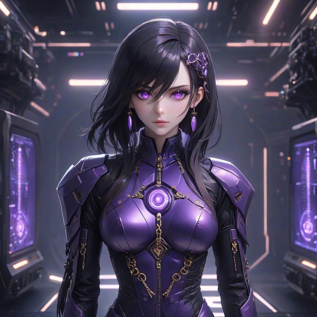  2D, anime, art, the object is a guy, dark long hair with a purple sheen, pale skin, amber eyes, half cyborg, dressed in a dark futuristic suit, chains, brooches, geometric patterns on the body, stands against the background of a digital display, HD, hyperrealistic, full body, detailed clothing, highly detailed, cinematic lighting, stunningly beautiful, intricate, sharp focus, f/1. 8, 85mm, (centered image composition), (professionally color graded), ((bright soft diffused light)), volumetric fog, trending on instagram, trending on tumblr, HDR 4K, 8K