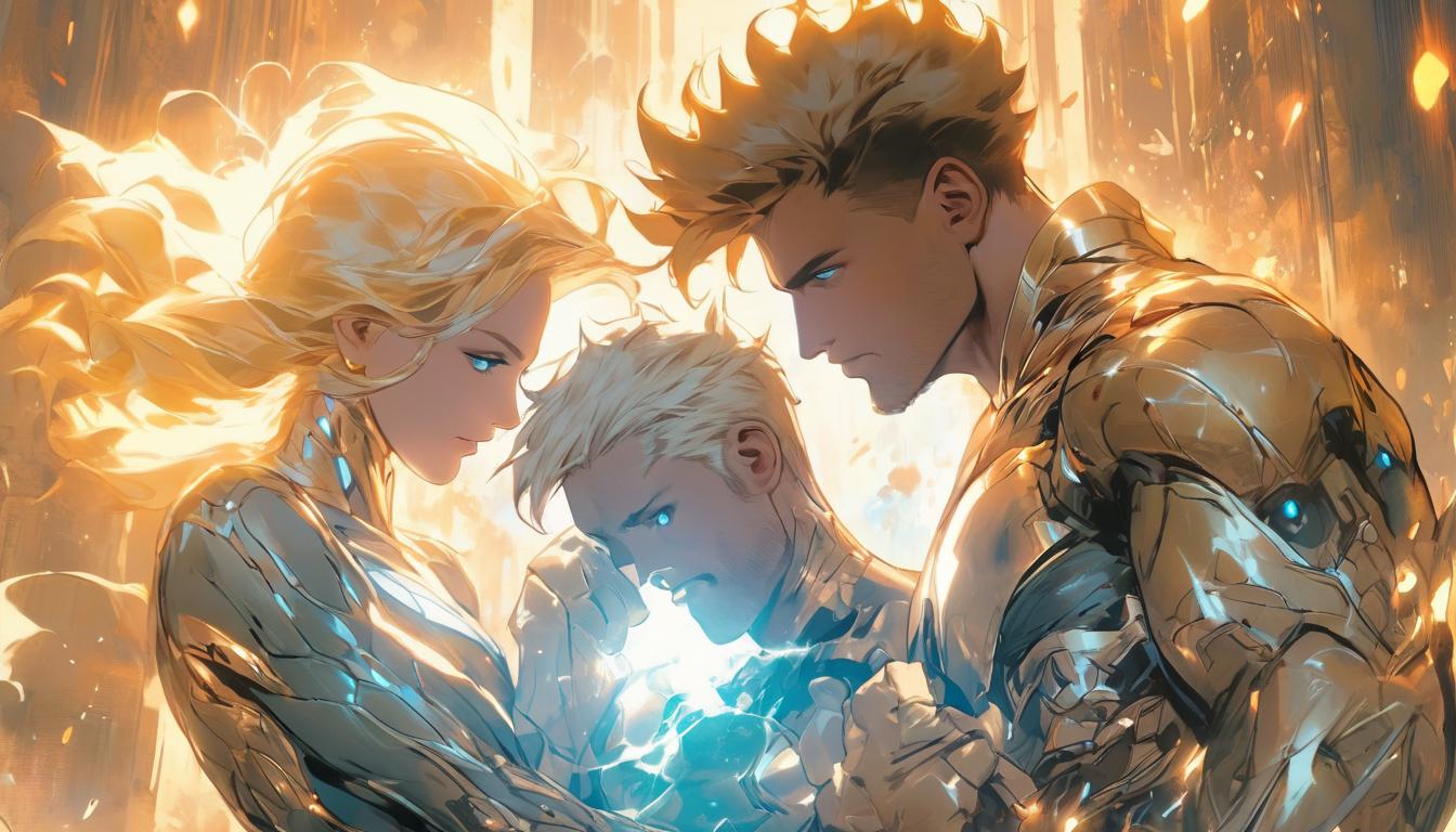  hyperrealism,fantasy aesthetic1man1woman, large busted attractive blonde arian female humanoid and handsome male humanoid, engaging in creative activities, backdrop of ethereal light and nature, high tech clothing clad in sleek, futuristic costume with metallic accents and form fitting designs, marvel superhero comics style, unreal engine rendering