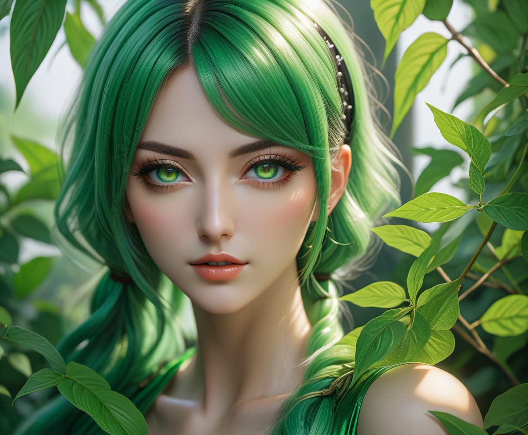  anime artwork (Masterpiece, acrylic painting: 1.7). Photorealism, Intricate Details, Extremely Detailed, Outstanding Complexity, Best Quality, Hires Textures, High Detail, Incredibly Detailed. Girl Green hair. Green eyes. Full make up. Green dress. There are green bushes in the background. The lighting is a light golden color. UHD. HDR. puella juvenilis, 15 annorum, oculi viridis, longi tudinis, capilli longi nigri, capilli in caudam, divisam, plenam longitudinem, griseam vestium . anime style, key visual, vibrant, studio anime, highly detailed, FILM PHOTOGRAPHY STYLE, Perfect Hands, oil painting hyperrealistic, full body, detailed clothing, highly detailed, cinematic lighting, stunningly beautiful, intricate, sharp focus, f/1. 8, 85mm, (centered image composition), (professionally color graded), ((bright soft diffused light)), volumetric fog, trending on instagram, trending on tumblr, HDR 4K, 8K