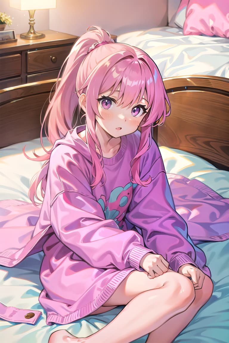  pink haired ,ponytail,large eyes,pink ,room,change clothes,bed,take off
