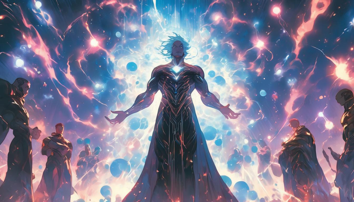  hyperrealism,fantasy aestheticConstellations of glowing orbs connected by lines of light, figure in flowing robes at the center, hands raised, cosmic harmony, divine orchestration, ethereal., high tech clothing clad in sleek, futuristic costume with metallic accents and form fitting designs, marvel superhero comics style, unreal engine rendering