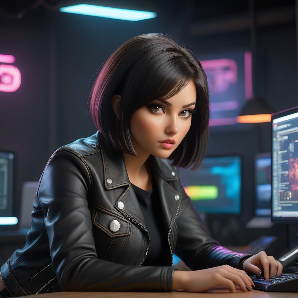  A girl with dark hair, a bob haircut, wearing a black top and denim shorts in a black leather jacket, sits at a computer with a straight on view, under fluorescent lighting. hyperrealistic, full body, detailed clothing, highly detailed, cinematic lighting, stunningly beautiful, intricate, sharp focus, f/1. 8, 85mm, (centered image composition), (professionally color graded), ((bright soft diffused light)), volumetric fog, trending on instagram, trending on tumblr, HDR 4K, 8K