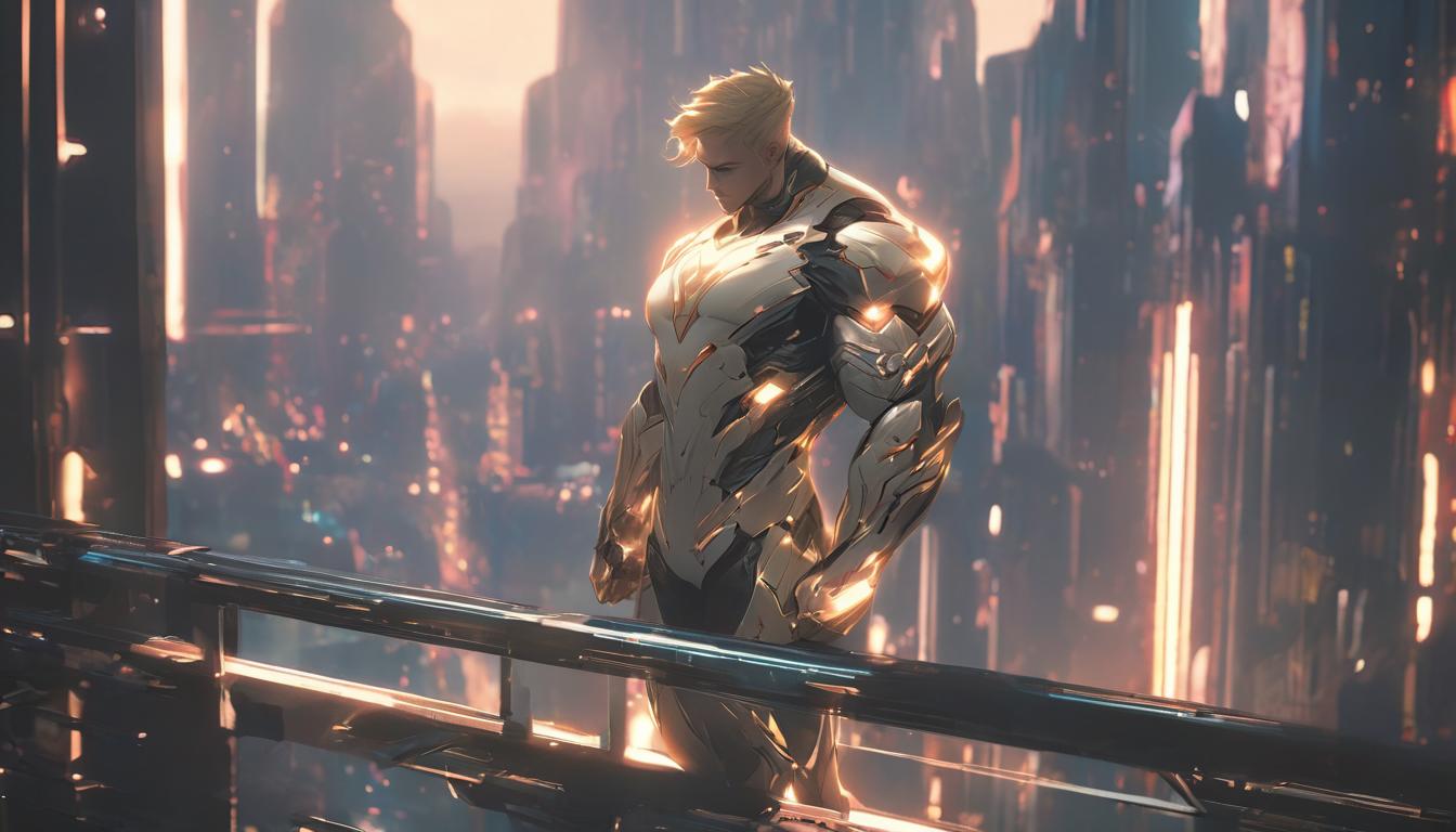  hyperrealism,fantasy aesthetic1man, attractive blonde male humanoid, modern casual attire, standing on a futuristic balcony, overlooking a harmonious city, light beams connecting people, high tech clothing clad in sleek, futuristic costume with metallic accents and form fitting designs, marvel superhero comics style, unreal engine rendering