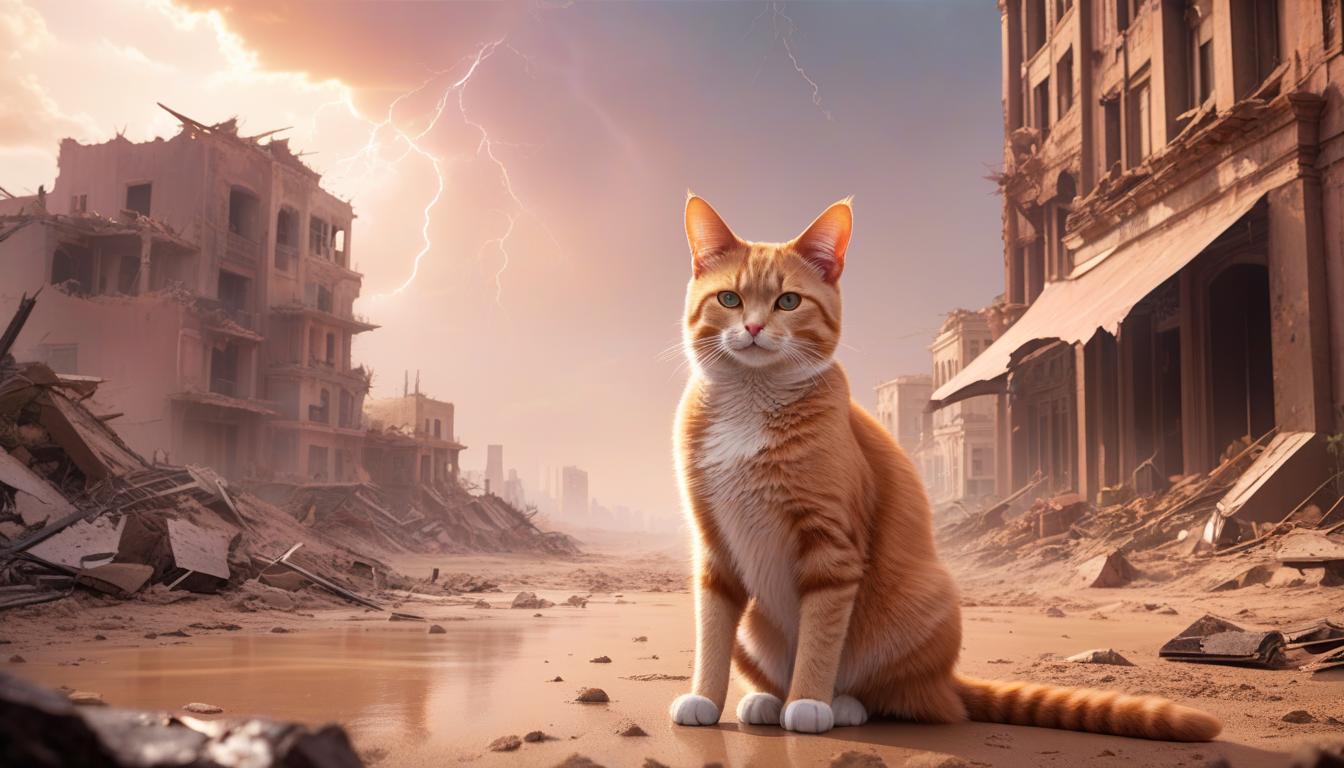   ,, cat ears, in a pink denim outfit, walks through a destroyed city, drowned in a desert of sand, the sky is orange, a thunderstorm is visible in the background, realistic, detail, clarity hyperrealistic, full body, detailed clothing, highly detailed, cinematic lighting, stunningly beautiful, intricate, sharp focus, f/1. 8, 85mm, (centered image composition), (professionally color graded), ((bright soft diffused light)), volumetric fog, trending on instagram, trending on tumblr, HDR 4K, 8K