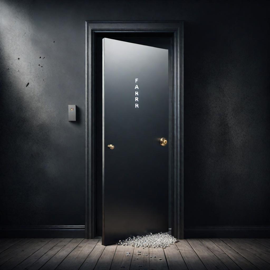  Illustration depicting the contrast between doors representing choices of fear and success, with a modern-day vision and more detailed, real emotions and words attached to the image. 1. **Fear Door** - Scene: A door labeled 'Fear' at the top. A person stands in front, appearing visibly anxious, with a worried look on their face, perhaps sweating or biting their nails. - Mood: Fear, anxiety, hesitation. - Thought Bubbles: 'What if I fail?', 'I'm not ready.', 'It's too risky.' - Visual Elements: The door is dark and ominous, with shadowy figures behind it, cobwebs, and a faintly visible cracked door frame to symbolize neglect and apprehension. - Words displayed at the door: 'Fear' 2. **Success Door** - Scene: A door labeled 'Success' a hyperrealistic, full body, detailed clothing, highly detailed, cinematic lighting, stunningly beautiful, intricate, sharp focus, f/1. 8, 85mm, (centered image composition), (professionally color graded), ((bright soft diffused light)), volumetric fog, trending on instagram, trending on tumblr, HDR 4K, 8K