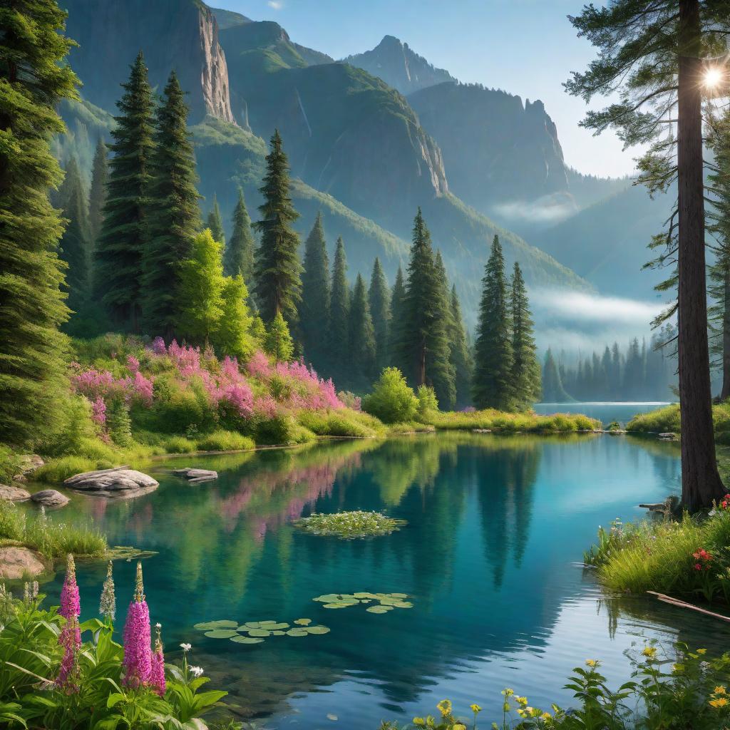  A beautiful landscape featuring a serene lake surrounded by lush greenery. The scene includes clear blue waters reflecting the sky, tall trees along the shoreline, and a vibrant array of wildflowers. The atmosphere is peaceful and tranquil, with soft sunlight casting gentle shadows. Mountains in the background add to the scenic beauty, creating a perfect natural retreat. hyperrealistic, full body, detailed clothing, highly detailed, cinematic lighting, stunningly beautiful, intricate, sharp focus, f/1. 8, 85mm, (centered image composition), (professionally color graded), ((bright soft diffused light)), volumetric fog, trending on instagram, trending on tumblr, HDR 4K, 8K