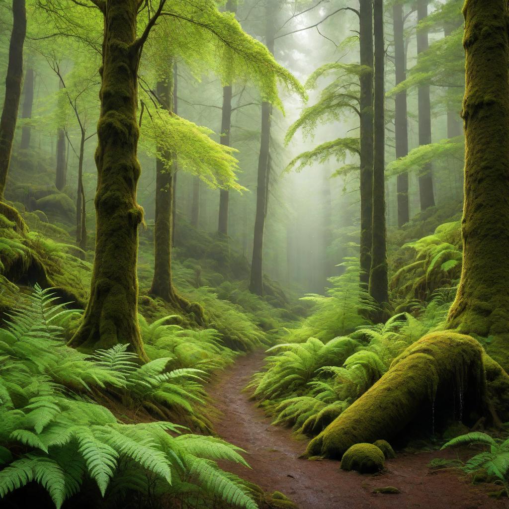  A serene forest scene with rain gently falling, creating a peaceful and mystical atmosphere. Tall trees with lush green leaves, and the ground covered in a blanket of moss and ferns. The light is filtered through the dense canopy, giving a sense of calm and tranquility. Caption text: 'Lost in the rhythm of raindrops and the whispers of ancient trees 🌧️🌲 #RainInTheForest #NatureLovers #PeacefulMoments' hyperrealistic, full body, detailed clothing, highly detailed, cinematic lighting, stunningly beautiful, intricate, sharp focus, f/1. 8, 85mm, (centered image composition), (professionally color graded), ((bright soft diffused light)), volumetric fog, trending on instagram, trending on tumblr, HDR 4K, 8K