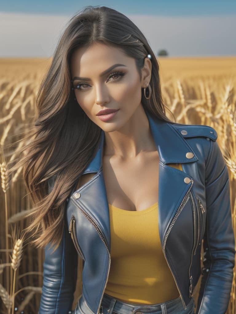  (best quality, masterpiece, colorful, highest detailed) upper body photo, fashion photography of cute (Belén Rodríguez), long, straight hair, (light smile:0.3), wearing leather jacket and ripped jeans, wheat field, picturesque, rural background, upper body shot,sharp, colorful, ultra realistic, cinematic, blue and yellow:0.85), dim colors, hyperrealistic, full body, detailed clothing, highly detailed, cinematic lighting, stunningly beautiful, intricate, sharp focus, f/1. 8, 85mm, (centered image composition), (professionally color graded), ((bright soft diffused light)), volumetric fog, trending on instagram, trending on tumblr, HDR 4K, 8K