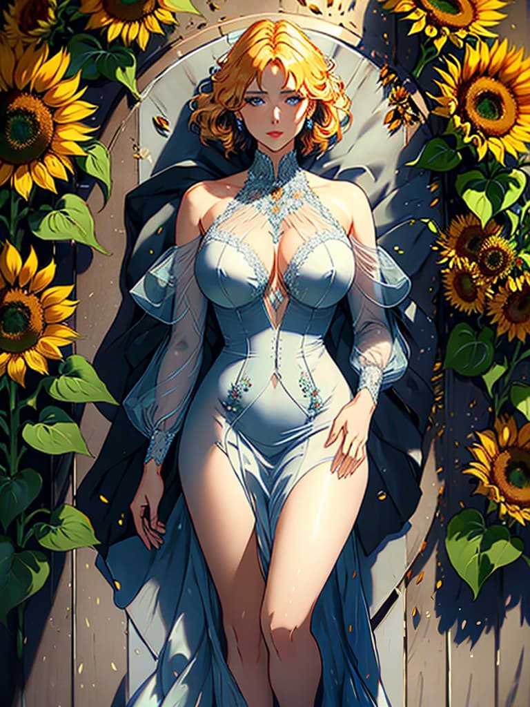  The Sunflowers by Van Gogh hyperrealistic, full body, detailed clothing, highly detailed, cinematic lighting, stunningly beautiful, intricate, sharp focus, f/1. 8, 85mm, (centered image composition), (professionally color graded), ((bright soft diffused light)), volumetric fog, trending on instagram, trending on tumblr, HDR 4K, 8K