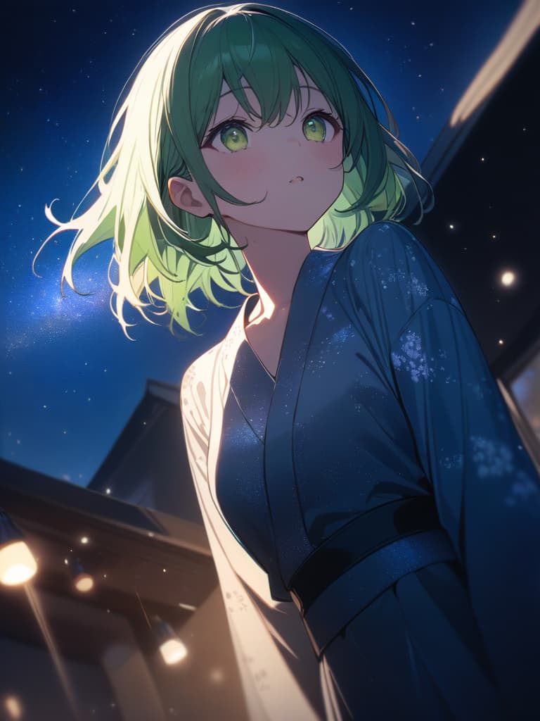  solo,from below,green hair,Yukata,(Milky Way:1.2),Looking up at the sky,Light of fireflies,light particles,{{Night}},, masterpiece, best quality,8k,ultra detailed,high resolution,an extremely delicate and beautiful,hyper detail