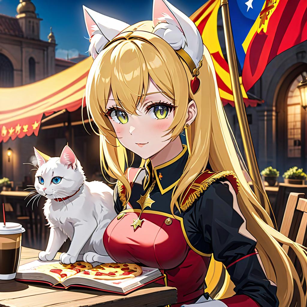  anime artwork The ruler of the country of Spain in 1942 named Kofi Pizza (girl with white cat ears, that likes coffee and drawing) , the country of Spain with the ideology of monarchism, the flag of the country of Spain with the ideology of monarchism on the background . anime style, key visual, vibrant, studio anime, highly detailed hyperrealistic, full body, detailed clothing, highly detailed, cinematic lighting, stunningly beautiful, intricate, sharp focus, f/1. 8, 85mm, (centered image composition), (professionally color graded), ((bright soft diffused light)), volumetric fog, trending on instagram, trending on tumblr, HDR 4K, 8K