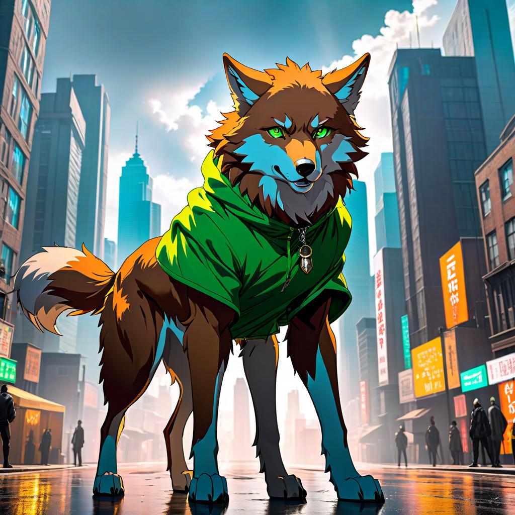  anime artwork Fury wolf, green eyes, face, human, humanoid, anime, brown gray fur and hair, city background . anime style, key visual, vibrant, studio anime, highly detailed hyperrealistic, full body, detailed clothing, highly detailed, cinematic lighting, stunningly beautiful, intricate, sharp focus, f/1. 8, 85mm, (centered image composition), (professionally color graded), ((bright soft diffused light)), volumetric fog, trending on instagram, trending on tumblr, HDR 4K, 8K