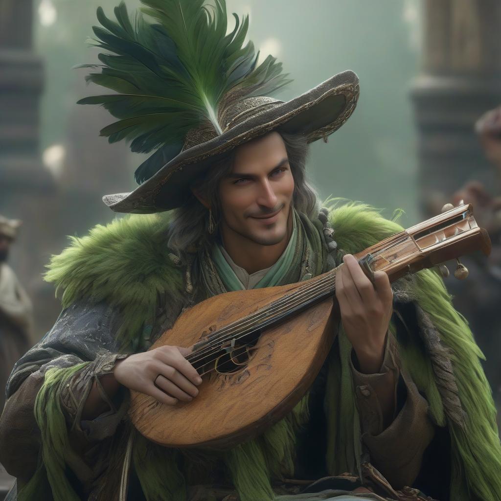  Bard, male, tall, dark short hair, rich clothes, hat with a green feather, lute, smile hyperrealistic, full body, detailed clothing, highly detailed, cinematic lighting, stunningly beautiful, intricate, sharp focus, f/1. 8, 85mm, (centered image composition), (professionally color graded), ((bright soft diffused light)), volumetric fog, trending on instagram, trending on tumblr, HDR 4K, 8K