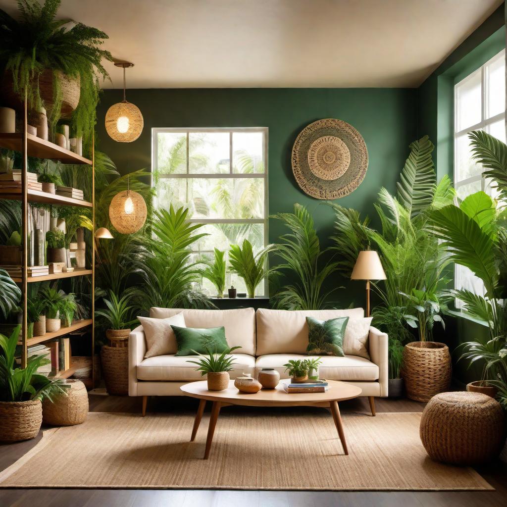  A jungle-themed living room in an apartment featuring a modern beige couch. The room has deep green walls with tropical leaf patterns and wooden paneling. The couch is placed as the main seating area, complemented with natural, earthy furniture pieces made of rattan and wicker. The room is filled with numerous indoor plants like ferns, palms, and hanging plants. Decor includes cushions with animal prints, a large jute rug, and shelves with books and jungle-themed artwork. Warm, soft lighting from floor lamps and string lights enhances the ambiance. The design should integrate the modern beige couch seamlessly into the jungle theme. hyperrealistic, full body, detailed clothing, highly detailed, cinematic lighting, stunningly beautiful, intricate, sharp focus, f/1. 8, 85mm, (centered image composition), (professionally color graded), ((bright soft diffused light)), volumetric fog, trending on instagram, trending on tumblr, HDR 4K, 8K