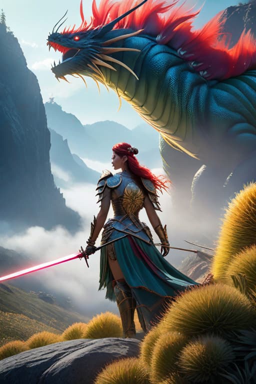  A picture of a warrior queen fighting with a giant caterpillar on a mountain. Her sword is up in the air and the caterpillar is swirling around her body. She looks like she’s struggling hyperrealistic, full body, detailed clothing, highly detailed, cinematic lighting, stunningly beautiful, intricate, sharp focus, f/1. 8, 85mm, (centered image composition), (professionally color graded), ((bright soft diffused light)), volumetric fog, trending on instagram, trending on tumblr, HDR 4K, 8K