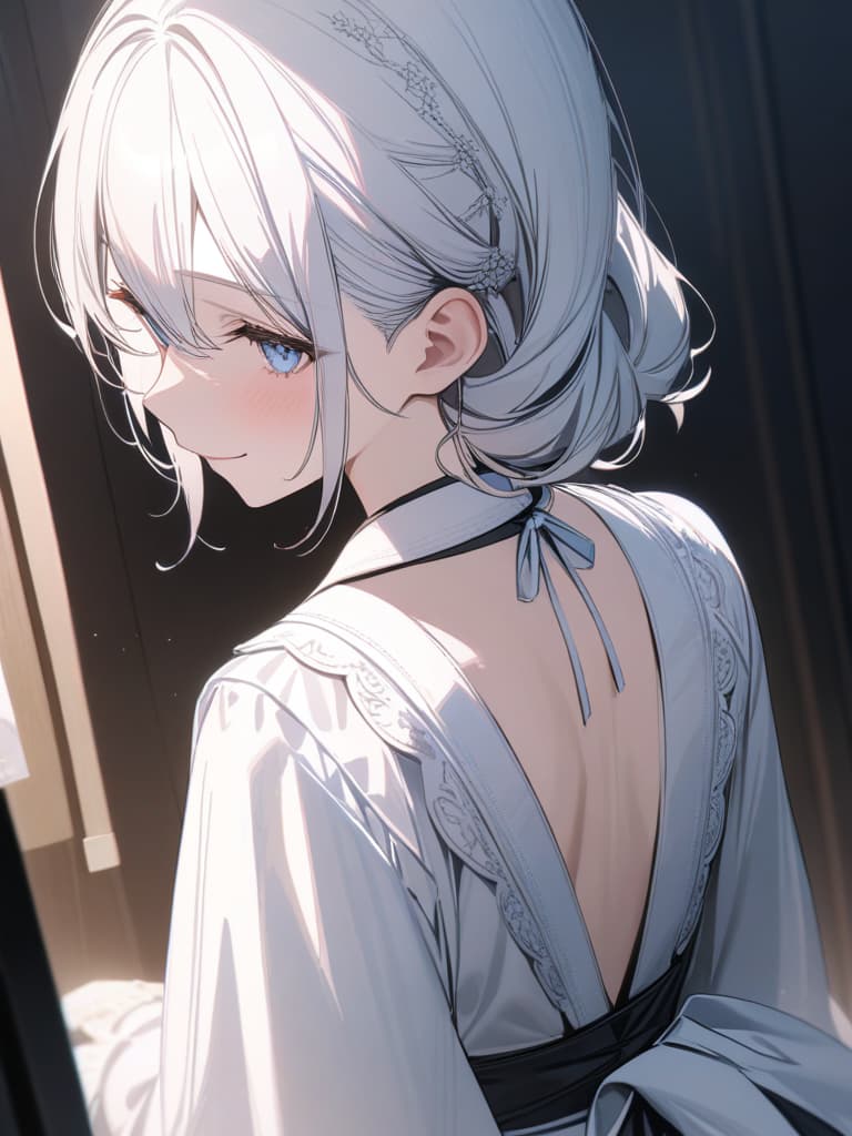  White hair, back dumpling hair, gentle smile, light blue eyes, maid clothes kimono, your husband, your husband, masterpiece, best quality,8k,ultra detailed,high resolution,an extremely delicate and beautiful,hyper detail