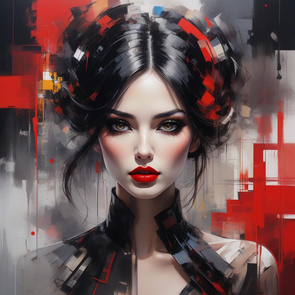  Style by Russ Mills and Piet Mondrian. A captivating abstract portrait of a woman with bold features, including striking red lips, dark and captivating eyes, with a smoky eye effect that enhances her intense gaze, and flowing black hair, against an abstract background of geometric shapes in vibrant colours, evoking a modern and fragmented, pixelated canvas. Face is abstract geometric shapes, matte finish, minimalistic surrealism. Centered, symmetry, painted, intricate, volumetric lighting, beautiful, rich deep colours masterpiece, sharp focus, ultra detailed. Blend realism and abstraction, incorporating elements of movement and depth, creating a harmonious fusion that captures contemporary beauty against a bold abstract backdrop. Allow line hyperrealistic, full body, detailed clothing, highly detailed, cinematic lighting, stunningly beautiful, intricate, sharp focus, f/1. 8, 85mm, (centered image composition), (professionally color graded), ((bright soft diffused light)), volumetric fog, trending on instagram, trending on tumblr, HDR 4K, 8K