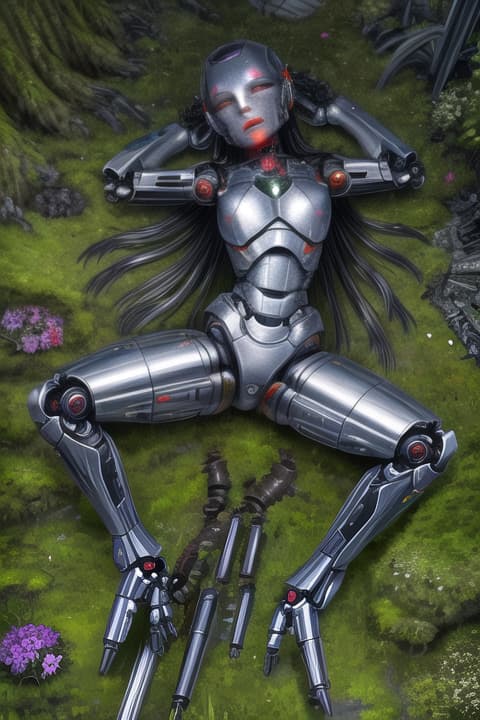  (masterpiece, best quality, detailed, high definition, vibrant colors), eerie, dark, tragic, (solo), from above, cyborg, lying down, closed eyes, still, robot, mechanical parts, mechanical joints, (covered in moss), m0ss dr3ss, abandoned, blood, flowers, ovrgrwth,