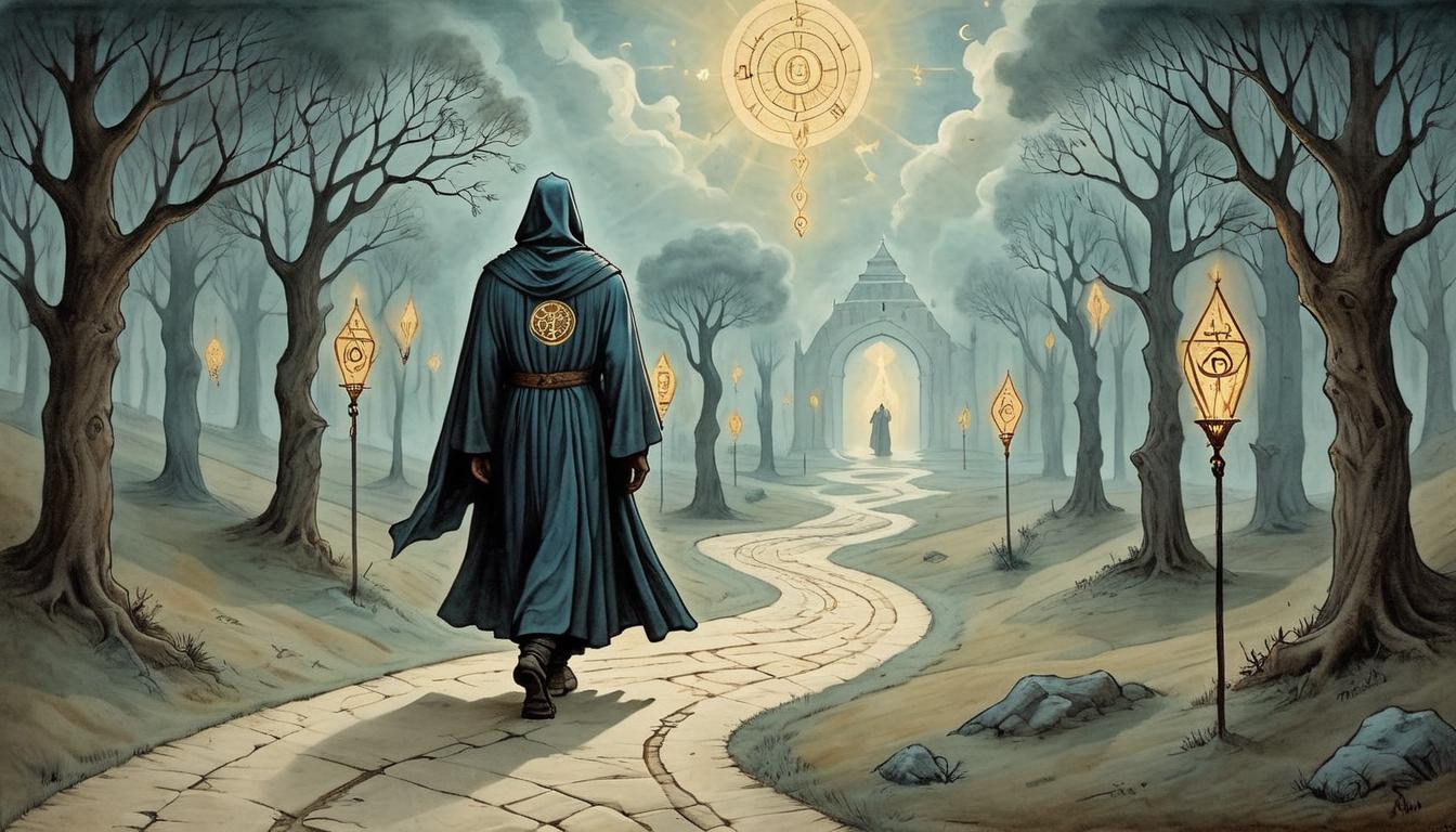  on parchment, surrealism+++, A robed figure walking a path lined with illuminated symbols, shadows parting, divine protection, confidence, purpose(mysterious, provocative, symbolic,muted color)+++