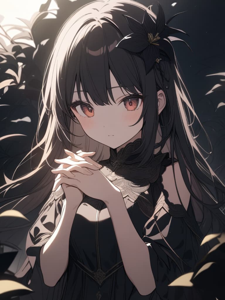  ((Black lily,black lilies in full bloom,black lily hair ornament,)) Black hair,reddish brown eyes,beautiful,pretty girl,expressionless,long hair,ephemeral,black dress,(bust up,bust up composition,(hands clasped,hands clasped))、ultra detailed,best shadow,cute and beautiful face,(masterpiece:1.2),(best quality:1.2),detailed background,high contrast,(best illumination,an extremely delicate and beautiful),((cinematic light)),hyper detail,dramatic light,intricate details,8k,anime,very aesthetic, masterpiece, best quality,8k,ultra detailed,high resolution,an extremely delicate and beautiful,hyper detail