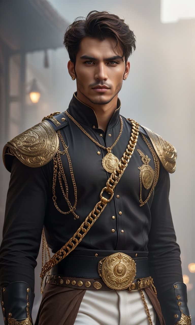  A young man, brunet, adorned with golden chains and belts. hyperrealistic, full body, detailed clothing, highly detailed, cinematic lighting, stunningly beautiful, intricate, sharp focus, f/1. 8, 85mm, (centered image composition), (professionally color graded), ((bright soft diffused light)), volumetric fog, trending on instagram, trending on tumblr, HDR 4K, 8K