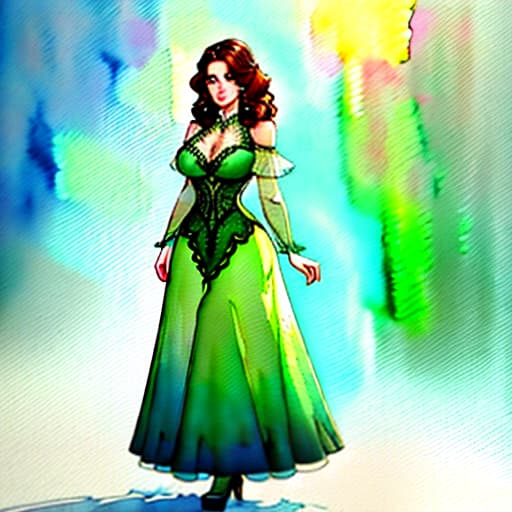  A with brown hair stands in a voluminous emerald dress with lace and ruffles. The smiles, looking over her shoulder. Holds her with her hands. She is drawn full length. [translation], (Watercolor painting) soft colors ,fluid strokes ,transparent layers hyperrealistic, full body, detailed clothing, highly detailed, cinematic lighting, stunningly beautiful, intricate, sharp focus, f/1. 8, 85mm, (centered image composition), (professionally color graded), ((bright soft diffused light)), volumetric fog, trending on instagram, trending on tumblr, HDR 4K, 8K