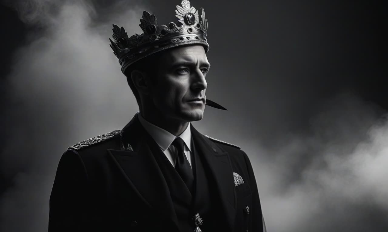  film noir style A European man who is a king, transforms into a raven while wearing a crown. . monochrome, high contrast, dramatic shadows, 1940s style, mysterious, cinematic hyperrealistic, full body, detailed clothing, highly detailed, cinematic lighting, stunningly beautiful, intricate, sharp focus, f/1. 8, 85mm, (centered image composition), (professionally color graded), ((bright soft diffused light)), volumetric fog, trending on instagram, trending on tumblr, HDR 4K, 8K