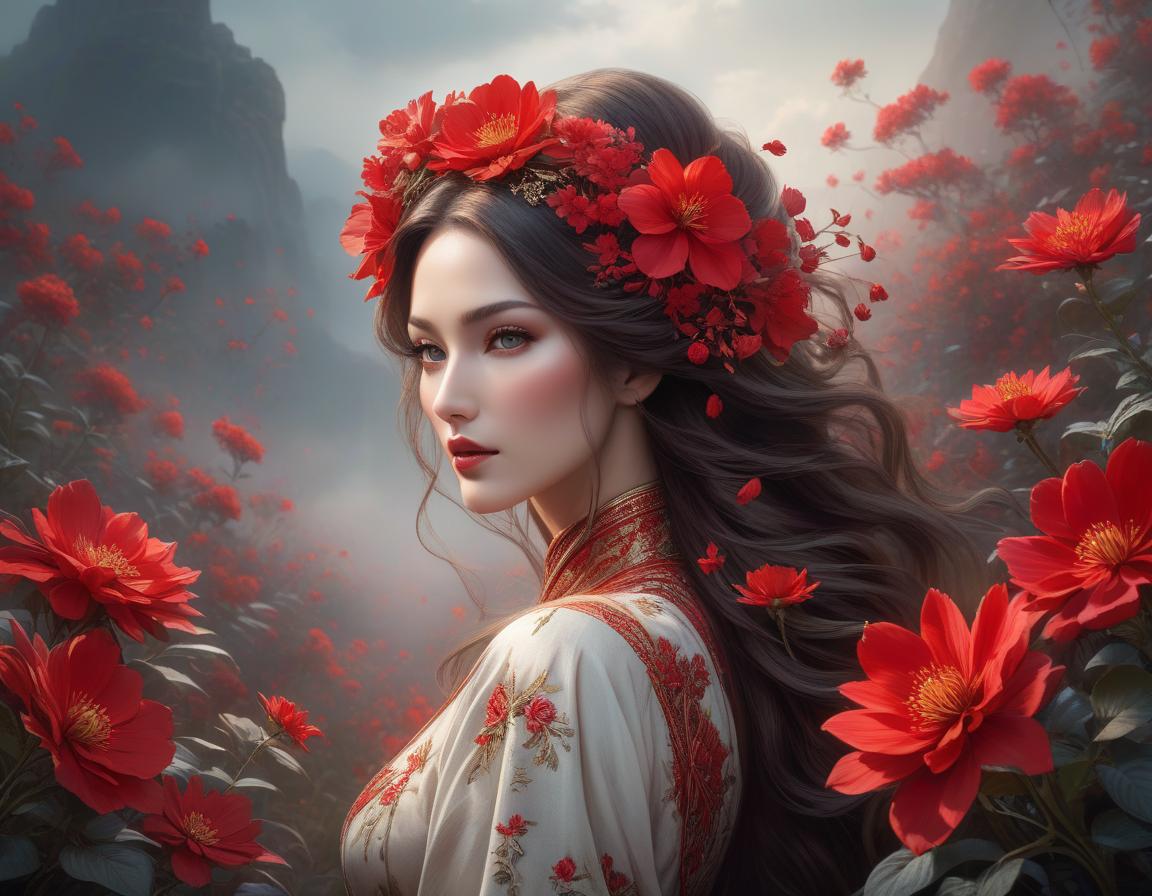  An artistic portrait of a woman with flowing hair adorned with vibrant red flowers, gazing into the distance, evoking a dreamy and romantic mood. Beautiful red Periapt. Jean Baptiste Monge and Yossi Kotler hyperrealistic, full body, detailed clothing, highly detailed, cinematic lighting, stunningly beautiful, intricate, sharp focus, f/1. 8, 85mm, (centered image composition), (professionally color graded), ((bright soft diffused light)), volumetric fog, trending on instagram, trending on tumblr, HDR 4K, 8K