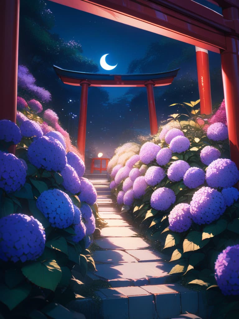  Lots of scenery, crescent moon, night, hydrangea and torii, masterpiece, best quality,8k,ultra detailed,high resolution,an extremely delicate and beautiful,hyper detail