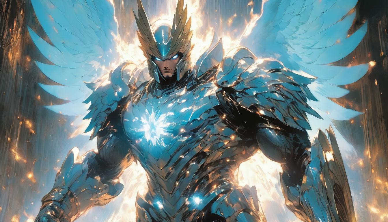  hyperrealism,fantasy aestheticarchangel michael, wielding a sword of light, protector and warrior stance, divine armor, banishing darkness, radiant backdrop, high tech clothing clad in sleek, futuristic costume with metallic accents and form fitting designs, marvel superhero comics style, unreal engine rendering