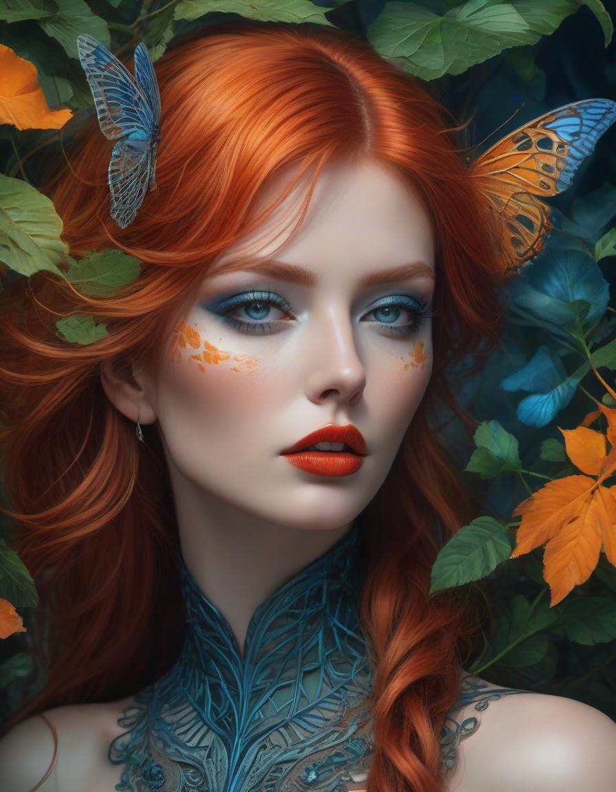  concept art A stunning digital painting of a mysterious forest woman with red hair, blue green eyes, and orange lips. The artwork features intricate details, geometric patterns, and a surreal, photorealistic style. Created with a Nikon D850, it showcases amazing depth and fine borders, earning awards for its fantasy and ethereal qualities mysterious silhouette forest woman,red hair, blue green eyes, orange lips by Minjae Lee, Carne Griffiths, Emily Kell, Geoffroy Thoorens, Aaron Horkey, Jordan Grimmer, Greg Rutkowski, amazing depth, masterwork, surreal, geometric patterns, intricately detailed, bokeh, perfect balanced, deep fine borders, artistic photorealism , smooth, great masterwork by head of prompt engineering . digital artwork, illust hyperrealistic, full body, detailed clothing, highly detailed, cinematic lighting, stunningly beautiful, intricate, sharp focus, f/1. 8, 85mm, (centered image composition), (professionally color graded), ((bright soft diffused light)), volumetric fog, trending on instagram, trending on tumblr, HDR 4K, 8K