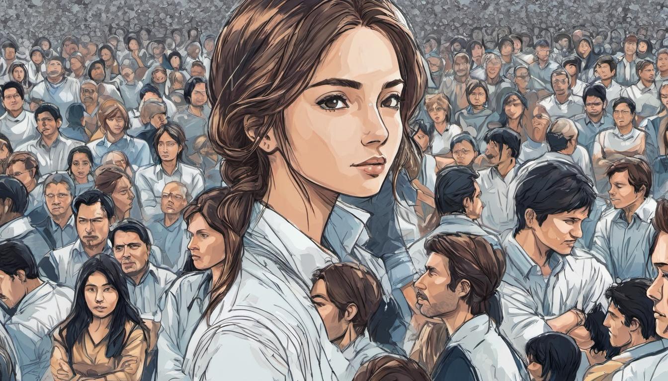  digital illustration, 1woman, standing firm with crossed arms in front of a swirling, chaotic crowd, calm expression, background of indistinguishable faces and noise, determination, conscious choice, individuality, looking at viewer, dynamic pose, (intricate details, masterpiece, best quality)