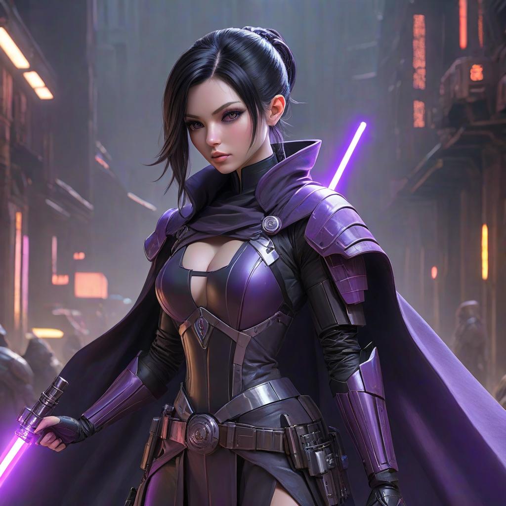  biomechanical style A pale skinned Jedi with black hair gathered in a ponytail, shaved cheeks, dark eyes, a black cloak, armor, and two purple lightsabers in a combat stance. . blend of organic and mechanical elements, futuristic, cybernetic, detailed, intricate hyperrealistic, full body, detailed clothing, highly detailed, cinematic lighting, stunningly beautiful, intricate, sharp focus, f/1. 8, 85mm, (centered image composition), (professionally color graded), ((bright soft diffused light)), volumetric fog, trending on instagram, trending on tumblr, HDR 4K, 8K