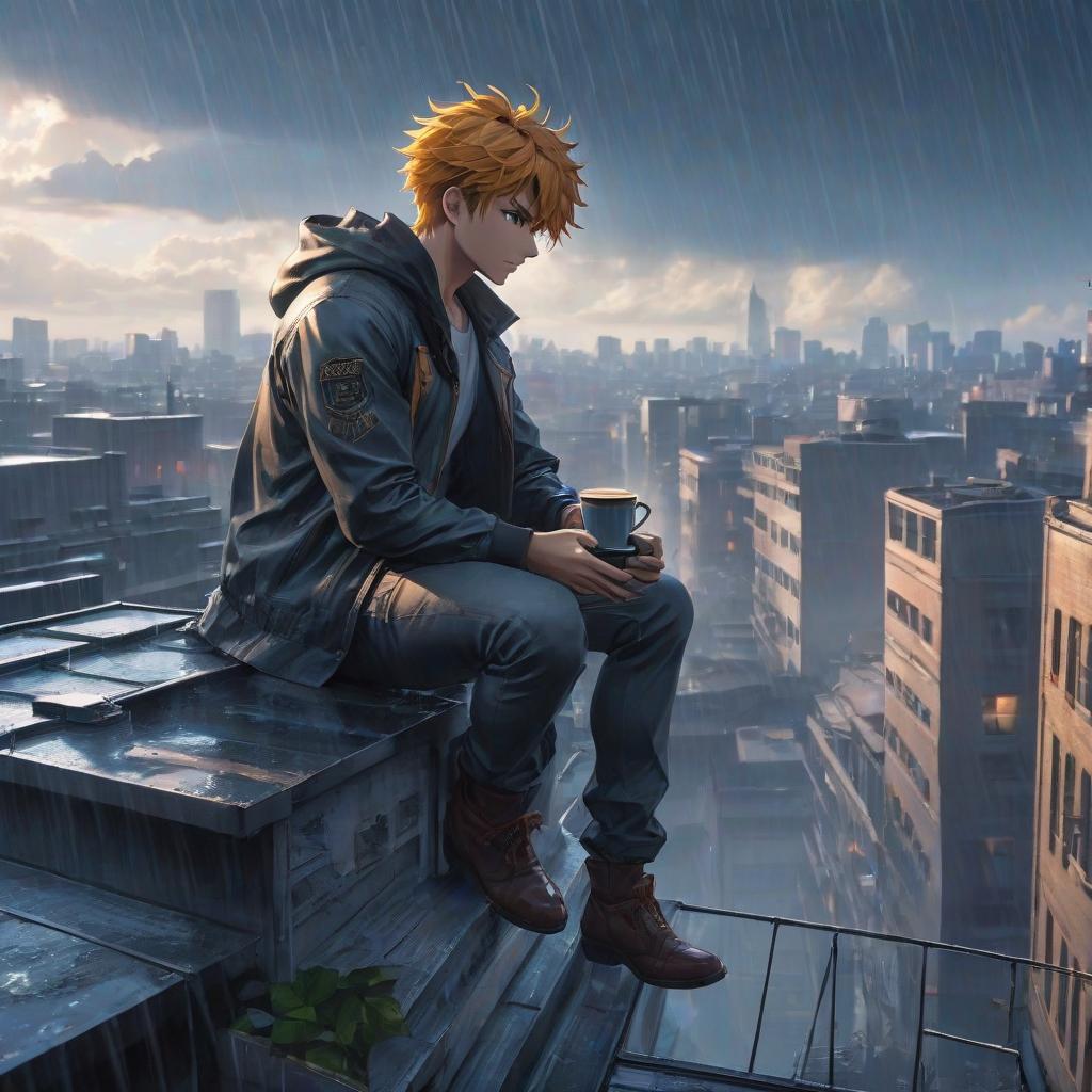  anime artwork A man is sitting on the roof of a building with a coffee cup during the rain. . anime style, key visual, vibrant, studio anime, highly detailed hyperrealistic, full body, detailed clothing, highly detailed, cinematic lighting, stunningly beautiful, intricate, sharp focus, f/1. 8, 85mm, (centered image composition), (professionally color graded), ((bright soft diffused light)), volumetric fog, trending on instagram, trending on tumblr, HDR 4K, 8K