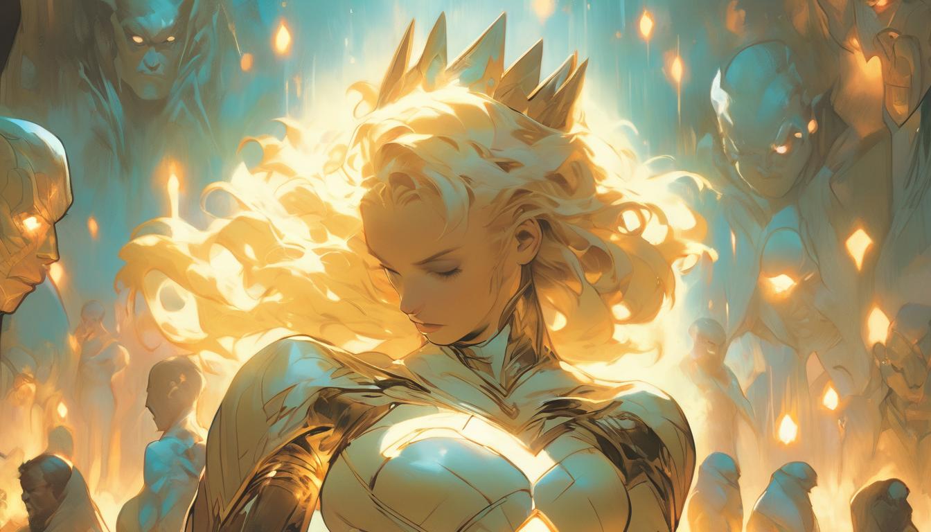  hyperrealism,fantasy aesthetic1woman, large busted attractive blonde arian female humanoid, wearing a crown of light, leading a group of followers into a new era of enlightenment, high tech clothing clad in sleek, futuristic costume with metallic accents and form fitting designs, marvel superhero comics style, unreal engine rendering