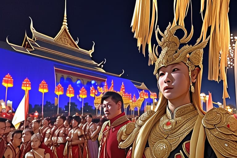  Party at the palace, celebrating victory outside Thai palace in the night sooooo many people There are warriors Look at the picture from a distant perspective.