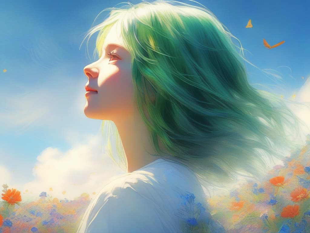  Green hair girl, profile, white T shirt, summer, looking up at the sky, masterpiece, best quality,8k,ultra detailed,high resolution,an extremely delicate and beautiful,hyper detail