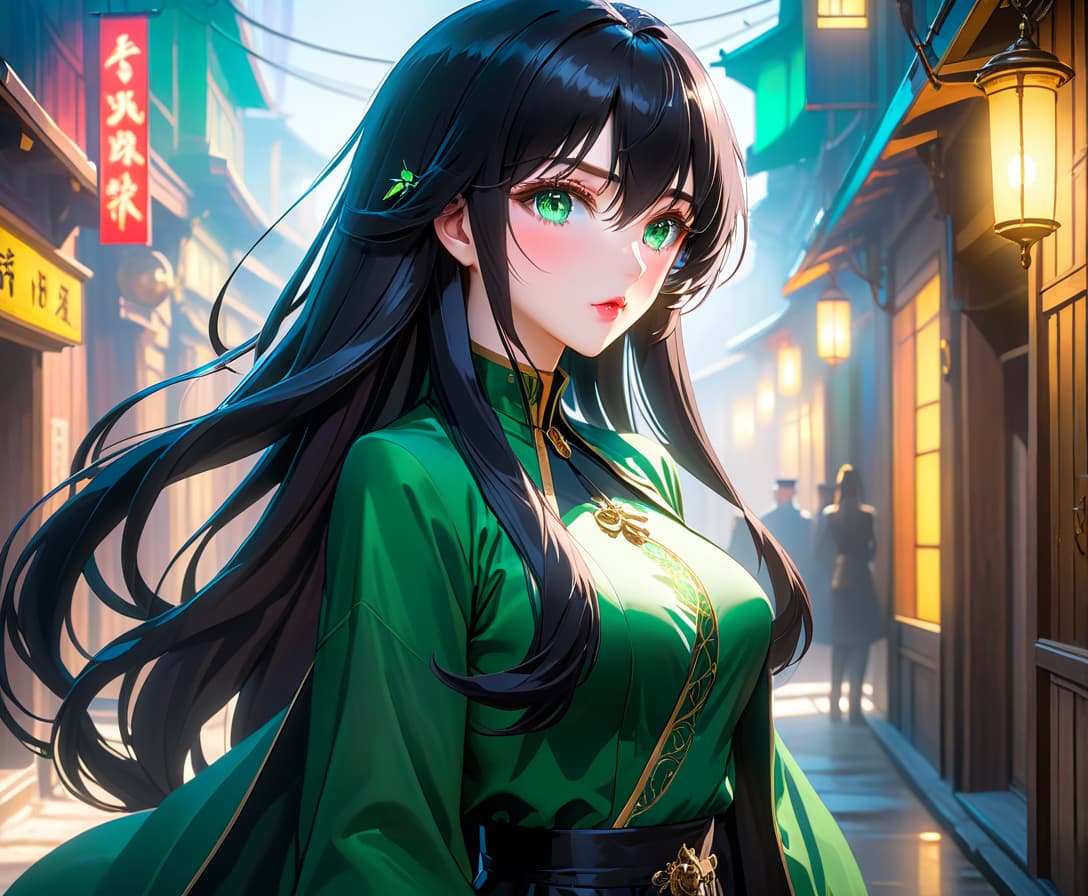  anime artwork (photorealistic, oil painting: 1.3), (full length shot: 1.3), mesmerizing girl, long flowing black hair, (large sensual mouth: 1.2), plump lips, sparkling emerald eyes, narrow waist, (sensual figure: 1.2) , silvery glow, ethereal aura, detailed brushwork, intricate shadows and highlights, mysterious and captivating expression, unique color palette, masterful use of light and shadow, captivating atmosphere, raw emotion, intense gaze, dynamic composition. . anime style, key visual, vibrant, studio anime, highly detailed hyperrealistic, full body, detailed clothing, highly detailed, cinematic lighting, stunningly beautiful, intricate, sharp focus, f/1. 8, 85mm, (centered image composition), (professionally color graded), ((bright soft diffused light)), volumetric fog, trending on instagram, trending on tumblr, HDR 4K, 8K