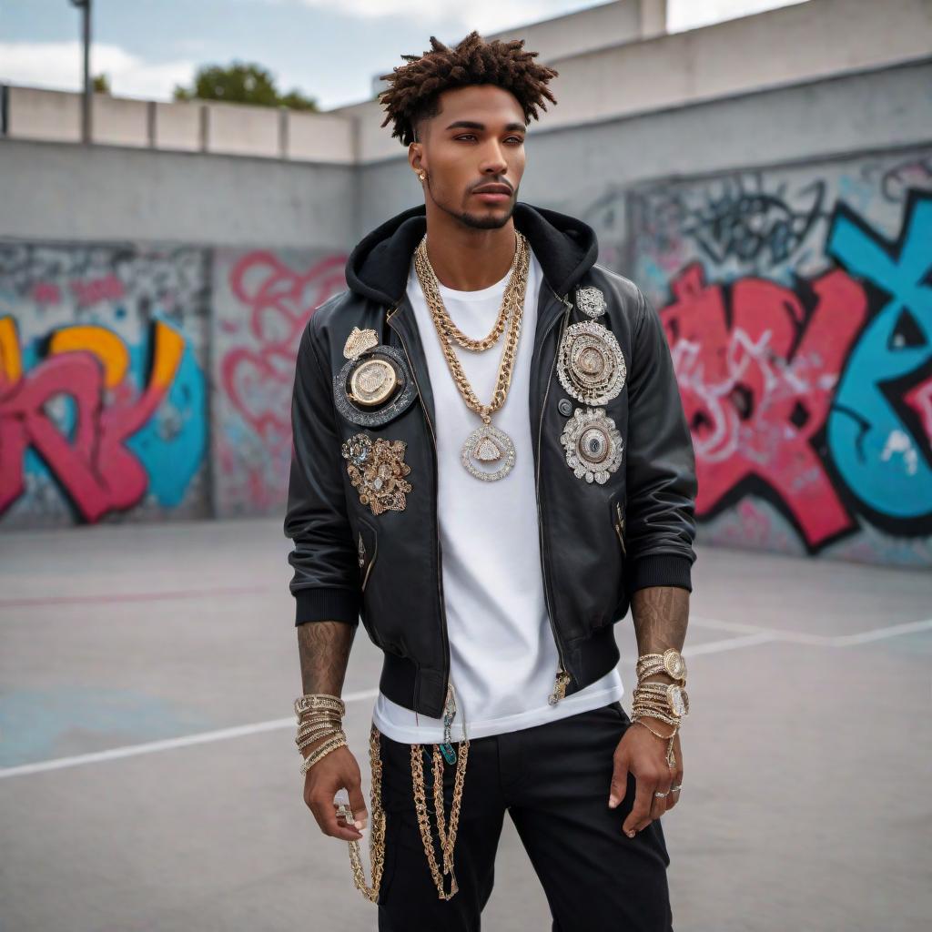  A male model at a skatepark wearing high-end diamond jewelry. The model is stylishly dressed in trendy streetwear fashion, with chains, rings, and a diamond-encrusted watch clearly visible. The skatepark has ramps, graffiti, and a chill urban vibe. hyperrealistic, full body, detailed clothing, highly detailed, cinematic lighting, stunningly beautiful, intricate, sharp focus, f/1. 8, 85mm, (centered image composition), (professionally color graded), ((bright soft diffused light)), volumetric fog, trending on instagram, trending on tumblr, HDR 4K, 8K