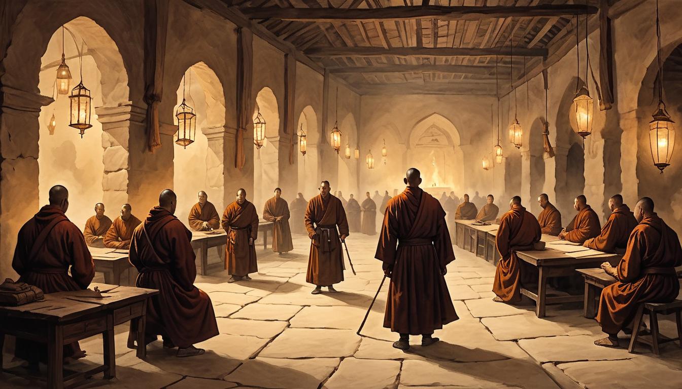  on parchment, surrealism+++, Room lit by soft lantern lights, monks engaged in rigorous training, sweat and determination visible, harsh conditions, grueling routines(mysterious, provocative, symbolic,muted color)+++