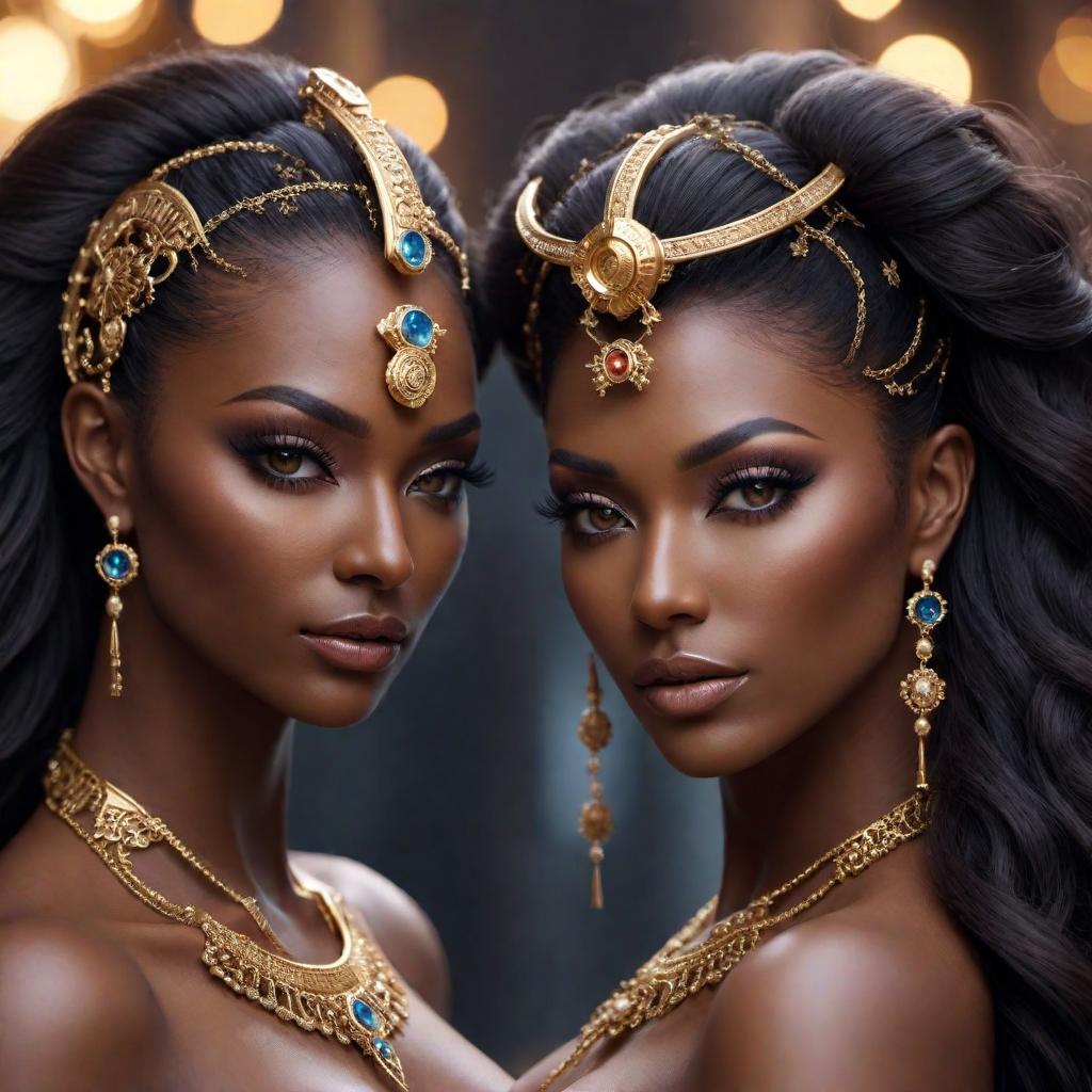  Gemini twin zodiac sign, female, fantasy, dark skin hyperrealistic, full body, detailed clothing, highly detailed, cinematic lighting, stunningly beautiful, intricate, sharp focus, f/1. 8, 85mm, (centered image composition), (professionally color graded), ((bright soft diffused light)), volumetric fog, trending on instagram, trending on tumblr, HDR 4K, 8K