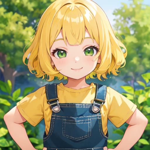  master piece , best quality,Yellow hair, short wavy hair, short bangs, green eyes, overalls, smiling, one person, child like, baggy