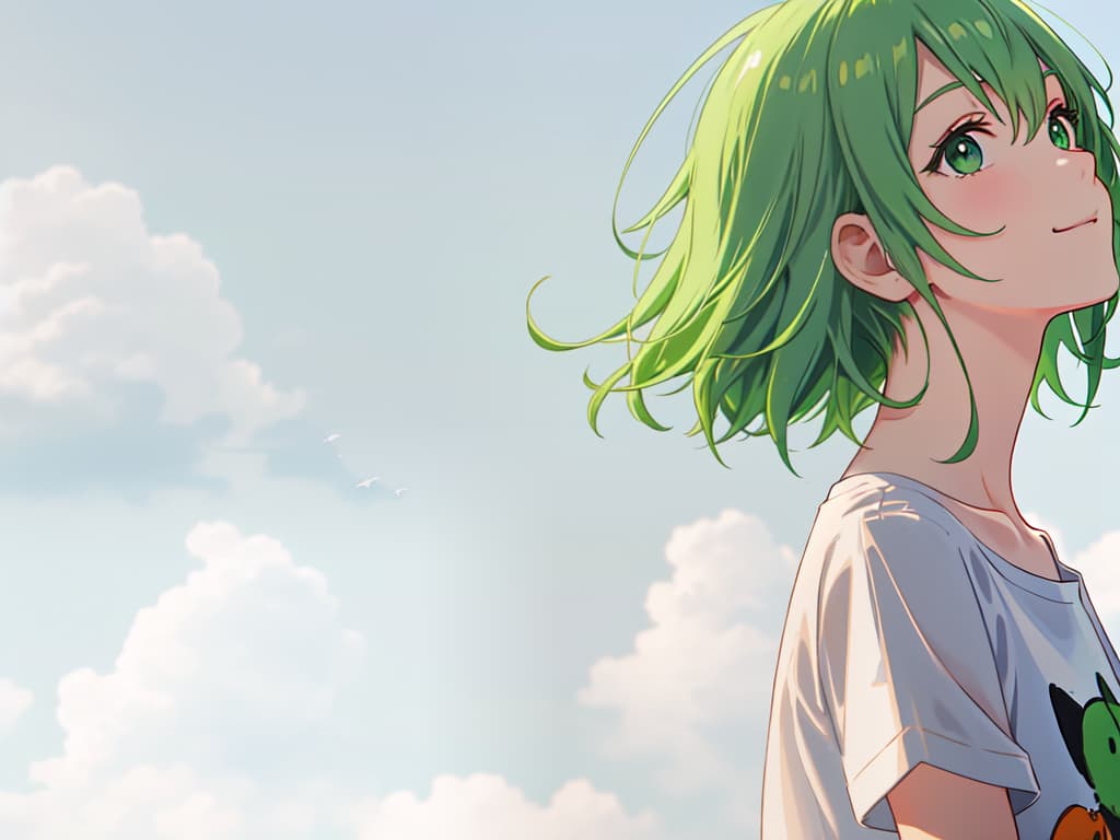  Green hair girl, profile, white T shirt, summer, looking up at the sky, smile, shortcut, masterpiece, best quality,8k,ultra detailed,high resolution,an extremely delicate and beautiful,hyper detail