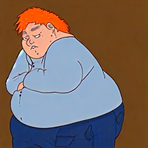  A man with natural orange hair with blue eyes and wearing a gray outfit with a long nose and really fat He’s farting and crying