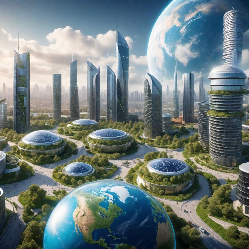  A futuristic scene representing Earth in the year 2024: - Modern cities with early adoption of smart infrastructure and semi-autonomous electric vehicles. - Increasing use of renewable energy sources such as solar panels and wind turbines. - Urban green spaces and community gardens becoming more common. - Advancements in telehealth services and personalized medicine starting to take hold. - Enhanced digital connectivity in education and daily activities. - Expanded hybrid work environments blending remote work and smart office setups. - Continuing space exploration missions and international collaborations. - Implementation of advanced recycling and waste management systems. hyperrealistic, full body, detailed clothing, highly detailed, cinematic lighting, stunningly beautiful, intricate, sharp focus, f/1. 8, 85mm, (centered image composition), (professionally color graded), ((bright soft diffused light)), volumetric fog, trending on instagram, trending on tumblr, HDR 4K, 8K